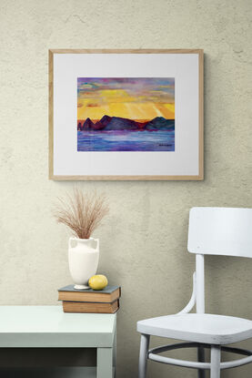 artwork showing a colourful sunrise over the sea