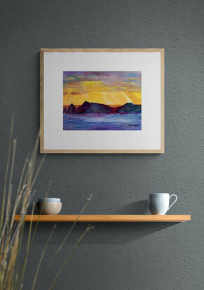 artwork showing a colourful sunrise over the sea