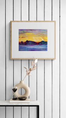 artwork showing a colourful sunrise over the sea