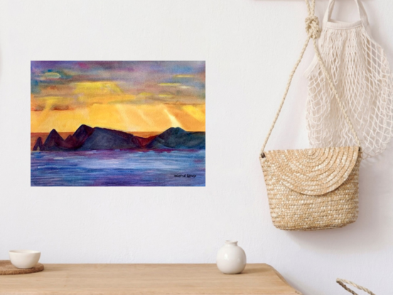 artwork showing a colourful sunrise over the sea