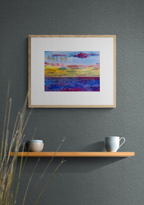 artwork showing a colourful sunrise over the sea