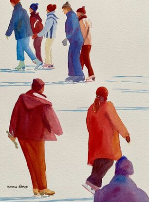 artwork showing a view of people skating on the ice
