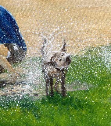 Painting of dogs queuing up for a shower after a beach walk called The Shower Scene