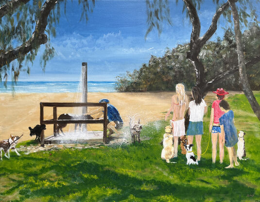 Painting of dogs queuing up for a shower after a beach walk called The Shower Scene