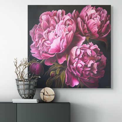 Close up of three deep pink peonies against a dark background