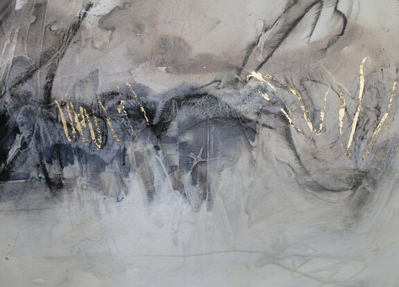 An abstract landscape using an elegant palette of pale pink brown, cream, off white, deep midnight blue, charcoal and gold leaf. 