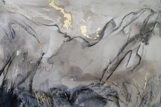 An abstract landscape using an elegant palette of pale pink brown, cream, off white, deep midnight blue, charcoal and gold leaf. 