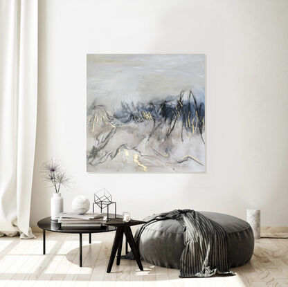 An abstract landscape using an elegant palette of pale pink brown, cream, off white, deep midnight blue, charcoal and gold leaf. 