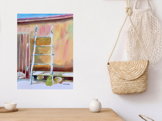 artwork showing a house facade baked in sunshine with a rustic ladder leaning against one wall

