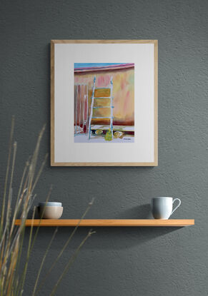 artwork showing a house facade baked in sunshine with a rustic ladder leaning against one wall

