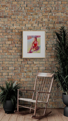 artwork showing a swimsuited woman staring across the beach out to sea
