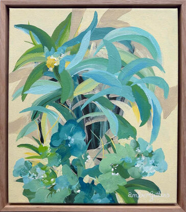 small framed original painting of a tropical island theme with green and blue palm trees, tropical flowers and a yellow background.