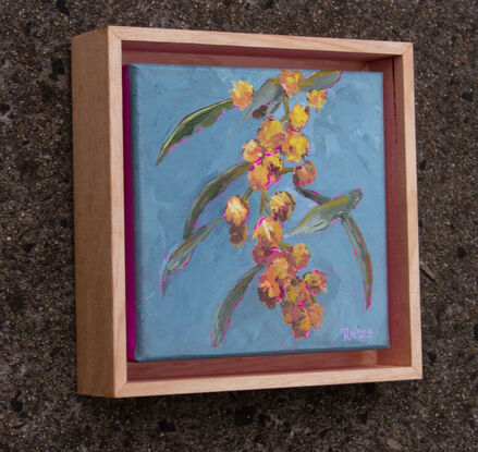 This is a little acrylic painting, a bunch of golden wattle, on a teal blue background.  Highlighted by the bright pink canvas underpainting showing through.