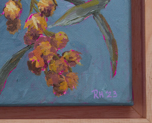 This is a little acrylic painting, a bunch of golden wattle, on a teal blue background.  Highlighted by the bright pink canvas underpainting showing through.