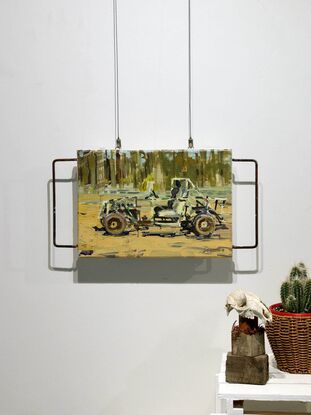 This image of a home-made vehical - a bush buggy was painted en plein air by the artist. This means she painted it while on location not in a studio. This method grants the work a lively and loose look that encapsulates the fun of exploring the Australian bush in a DIY vehical. The Buggy was made by the artist's father and looks like something out of the Mad Max movie franchise. The artist has used desaturated hues including beige, peach and khaki to capture the dry bush setting while the buggy has a hint of camo pattern showing on it's tubular steel form.