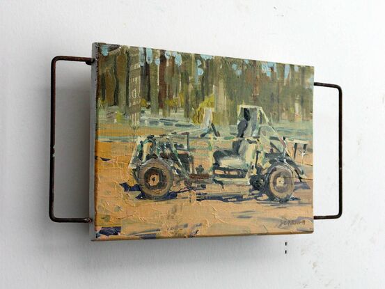 This image of a home-made vehical - a bush buggy was painted en plein air by the artist. This means she painted it while on location not in a studio. This method grants the work a lively and loose look that encapsulates the fun of exploring the Australian bush in a DIY vehical. The Buggy was made by the artist's father and looks like something out of the Mad Max movie franchise. The artist has used desaturated hues including beige, peach and khaki to capture the dry bush setting while the buggy has a hint of camo pattern showing on it's tubular steel form.