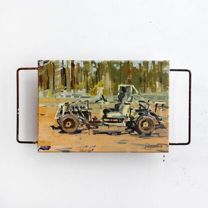 This image of a home-made vehical - a bush buggy was painted en plein air by the artist. This means she painted it while on location not in a studio. This method grants the work a lively and loose look that encapsulates the fun of exploring the Australian bush in a DIY vehical. The Buggy was made by the artist's father and looks like something out of the Mad Max movie franchise. The artist has used desaturated hues including beige, peach and khaki to capture the dry bush setting while the buggy has a hint of camo pattern showing on it's tubular steel form.