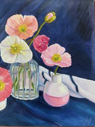 Bight poppies in vases with navy background