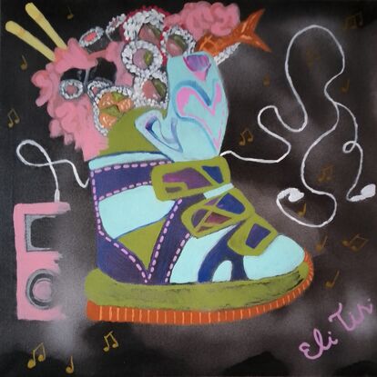 
2000s, fashion, sushi, iPod, music, sneakers cross painting, youthhood, 