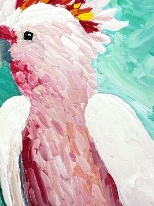 A painting of an Australian Pink Cockatoo on a turquoise background.