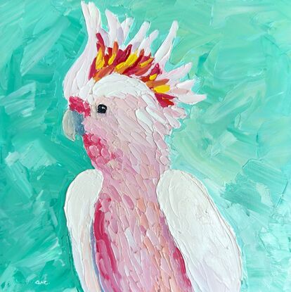 A painting of an Australian Pink Cockatoo on a turquoise background.