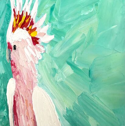 A painting of an Australian Pink Cockatoo on a turquoise background.