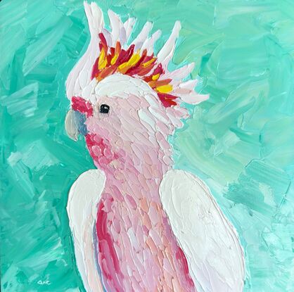 A painting of an Australian Pink Cockatoo on a turquoise background.