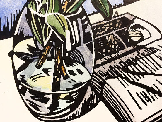 linocut of proteas and book