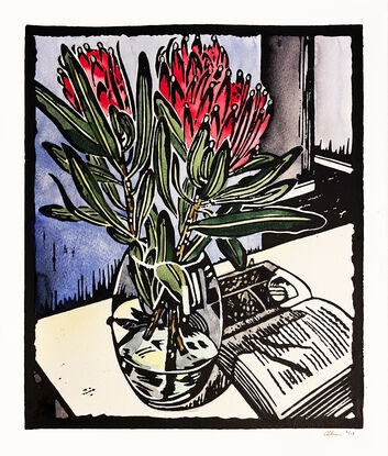 linocut of proteas and book