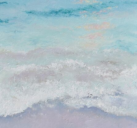 Vertical painting of the ocean at dusk. The sea is a soft turquoise and the setting sun is reflecting on the ocean. 