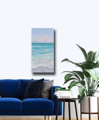 Vertical painting of the ocean at dusk. The sea is a soft turquoise and the setting sun is reflecting on the ocean. 