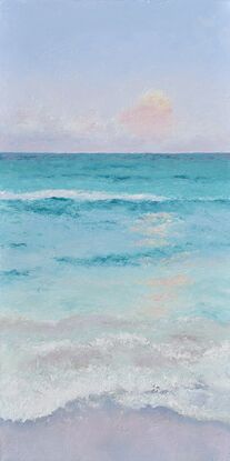 Vertical painting of the ocean at dusk. The sea is a soft turquoise and the setting sun is reflecting on the ocean. 