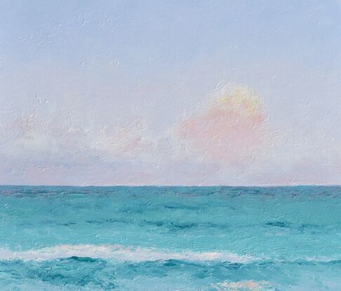 Vertical painting of the ocean at dusk. The sea is a soft turquoise and the setting sun is reflecting on the ocean. 