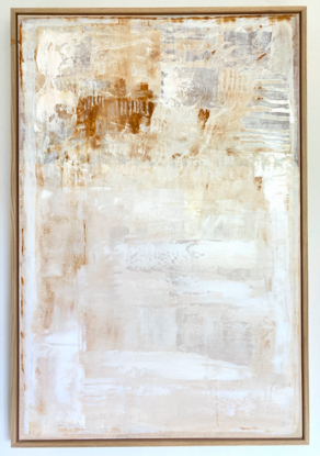 earthy minimalist neutral and white abstract painting with oak frame