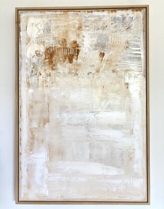 earthy minimalist neutral and white abstract painting with oak frame