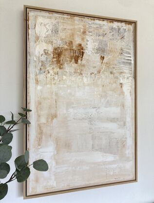 earthy minimalist neutral and white abstract painting with oak frame