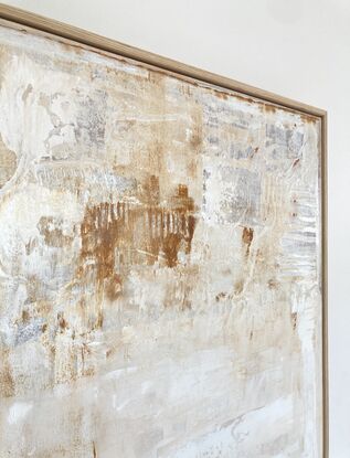 earthy minimalist neutral and white abstract painting with oak frame