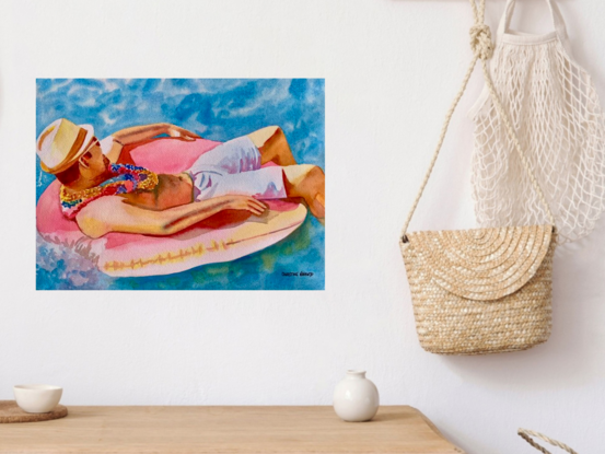 artwork showing a man floating on a lilo in the water
