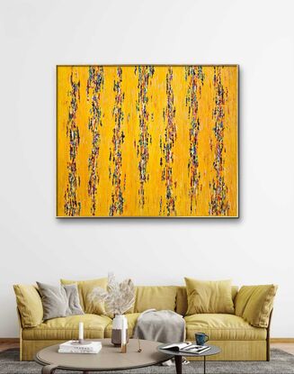 "Live Your Dreams" is a textured artwork featuring a yellow background adorned with colorful patterns. It embodies a message of encouragement to pursue one's aspirations, celebrating the vibrancy of imagination and the limitless potential within each individual.