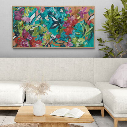 modern colourful flowers and white birds in nature abstract landscape painting