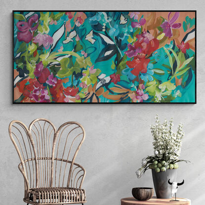 modern colourful flowers and white birds in nature abstract landscape painting