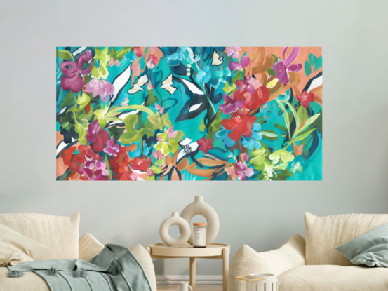 modern colourful flowers and white birds in nature abstract landscape painting