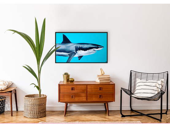 great white shark on a bright blue/green background