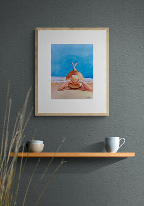 artwork showing a woman with a large sun hat lazing on the beach with her legs stretched out enjoying the sun
