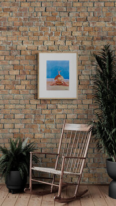 artwork showing a woman with a large sun hat lazing on the beach with her legs stretched out enjoying the sun
