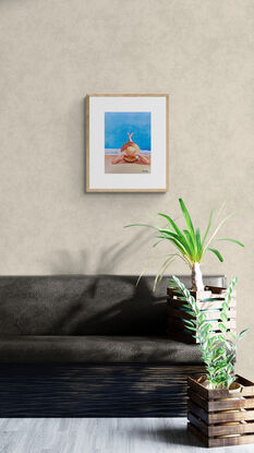 artwork showing a woman with a large sun hat lazing on the beach with her legs stretched out enjoying the sun
