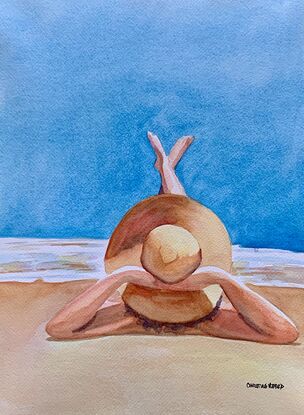 artwork showing a woman with a large sun hat lazing on the beach with her legs stretched out enjoying the sun
