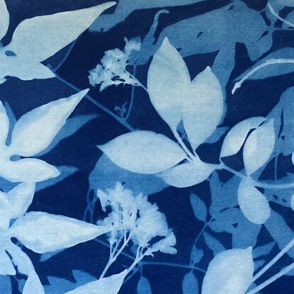 Image of branches of jasmine flowers and leaves in varying shades of blue and white. It is technically a photo but has the texture of a painting.