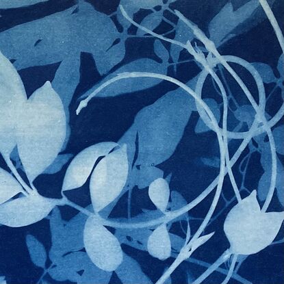 Image of branches of jasmine flowers and leaves in varying shades of blue and white. It is technically a photo but has the texture of a painting.