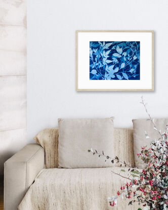 Image of branches of jasmine flowers and leaves in varying shades of blue and white. It is technically a photo but has the texture of a painting.